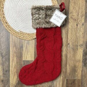 Thro by Marlo Lorenz Red Cable Knit Faux Fur Christmas Stocking NEW w TAGS